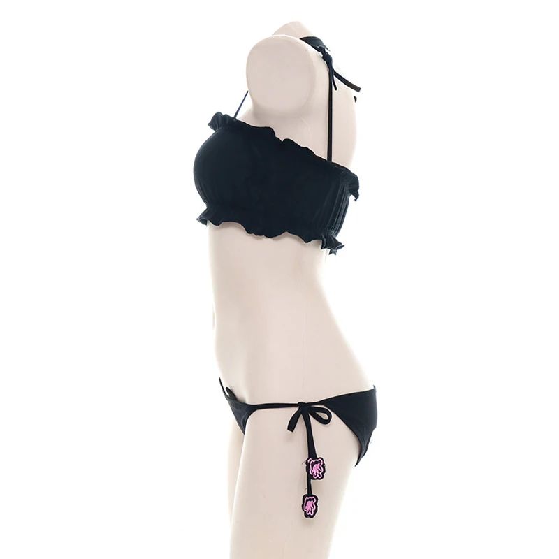 Anime Cute Cat Paw Bikini Swimsuit Costume Summer Beach Mini Lovely Cats Bell Swimwear Uniform Cosplay Cats Hollow Bra