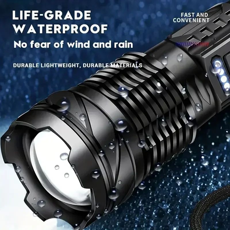 Powerful XHP50 LED Flashlight Waterproof Torch With Side Light 7 Modes Camping Fishing Lantern Type C Rechargeable Zoom Lamp