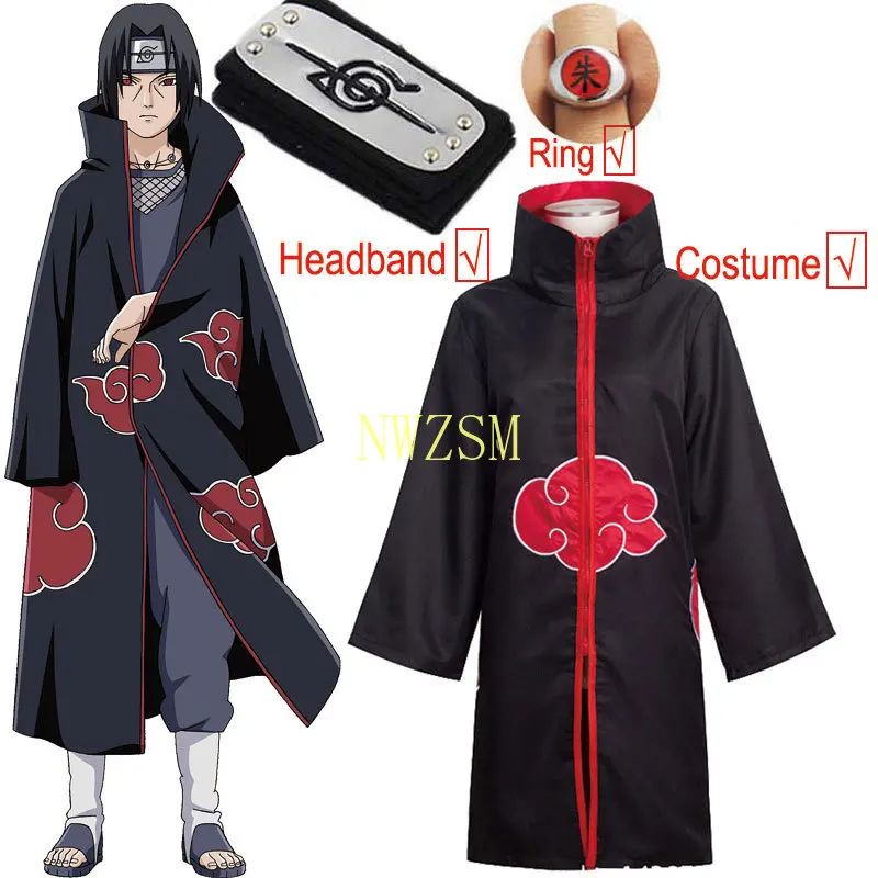 Kakashi Cosplay Costume Akatsuki Cloak Uchiha Itachi Sharingan Headband Necklace Ring Kunai Pain Halloween Costume for Men Kids