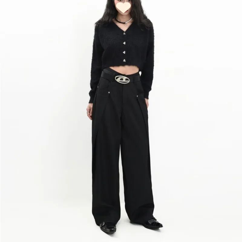 American Style High Waist Draped Suit Pants Women's Spring Autumn Loose Trendy Versatile Wide Leg Casual Floor Length Straight L