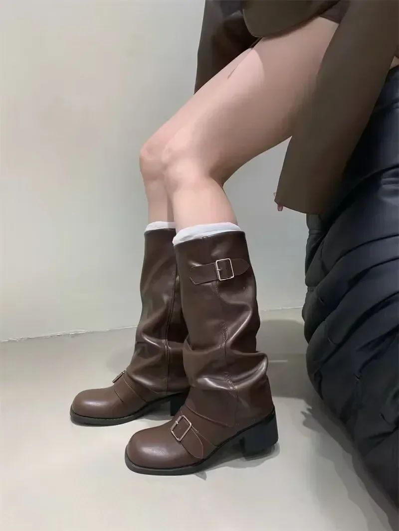 Woman Boots Knee High Platform Chunky Heels Trend Punk Gothic New Rock Leather Fashion Women's Shoes Motorcycle Footwear