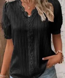 2025 Summer New Women's Blouse Top Solid Sexy V-Neck Hollow Short Sleeve Fashion Splice Plus Size Loose Street Apparel Shirt