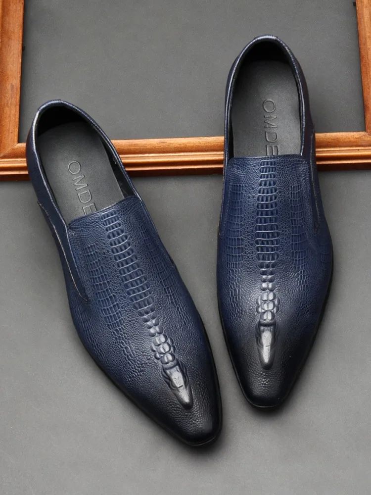 Handmade Mens Wedding Oxford Shoes Black Blue Genuine Leather Flat Dress Shoes Crocodile Pattern Summer Business Formal Loafers