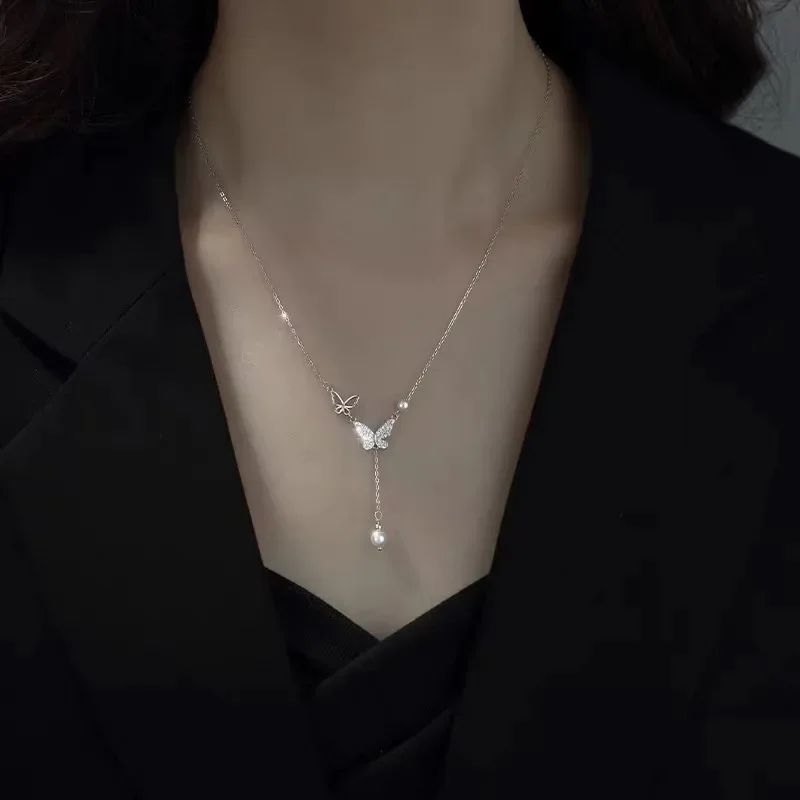 Europe and America Fashion Gold Color Stainless Steel Water Drop Tassel Pendant Necklace for Women Clavicle Chain Paty Jewelry