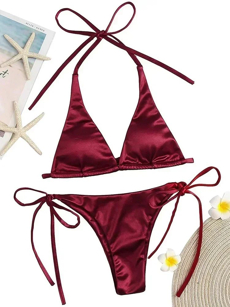 Wrap Around Halter Metallic Satin Bikini Women Swimwear Female Swimsuit Two-pieces Bikini Set Brazilian Bathing Suit Swim Lady