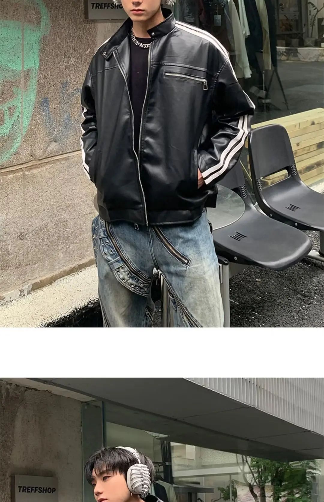Retro Leather Jacket Men Women American Patchwork Strip Racing Outerwear Loose Hip Hop Zippers Brown PU Coat Streetwear Spring