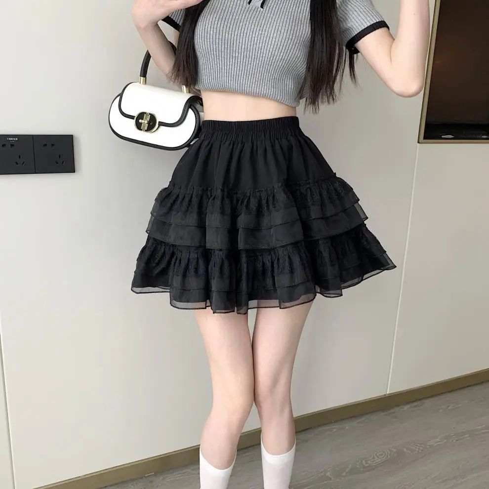 Plus Size New Style Pure Desire Aesthetic Mini Dress Net Yarn Fairy Puff Skirt High-Waisted Slimming Lace Cake A- Line Skirt ...