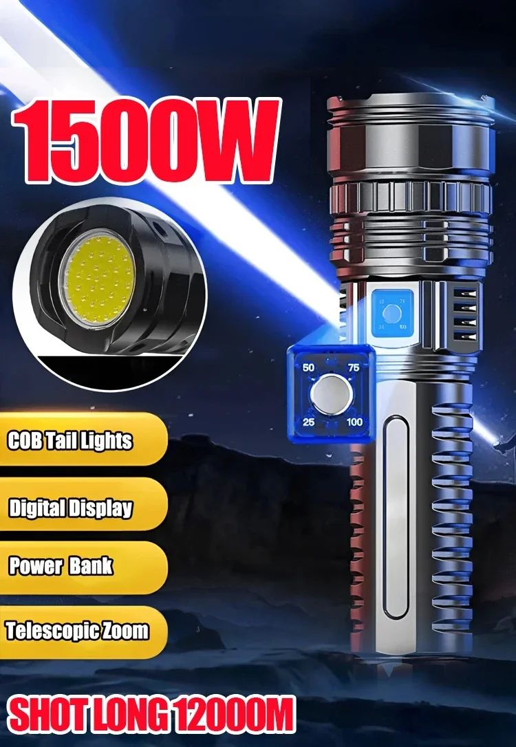 Ultra Bright Torch Built-in Battery Flash Light Emergency Spotlights 5km 1500W Most Powerful Led Flashlights Tactical