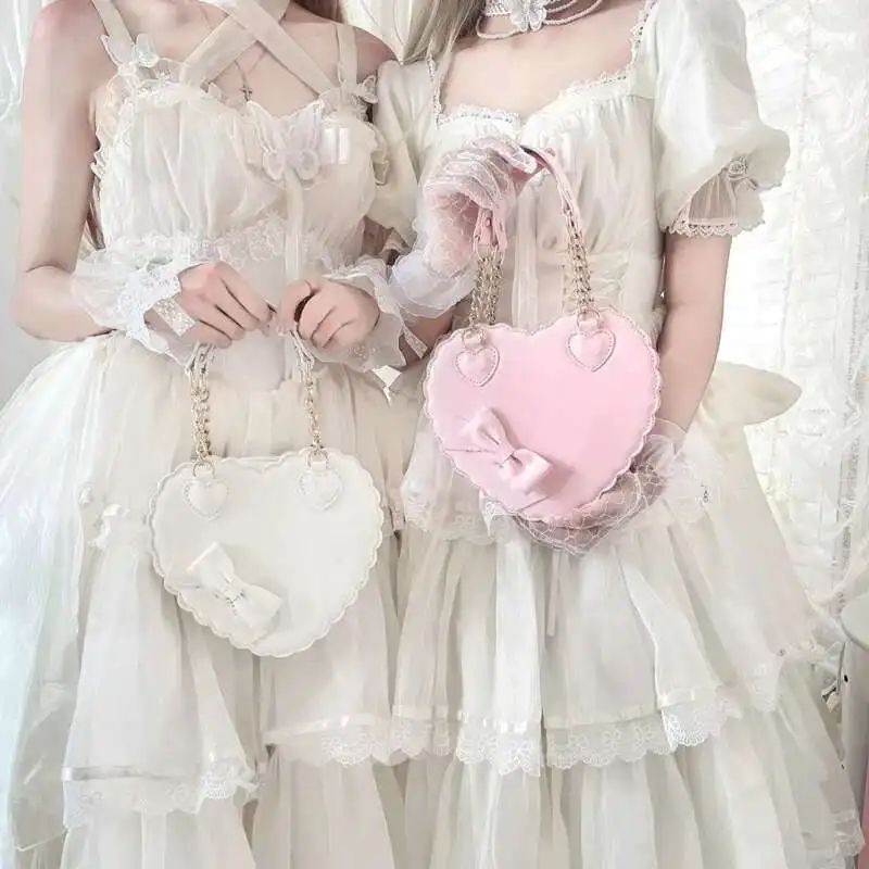 PU Heart Lolita Handbags Girls Bowknots Decor Japanese Shoulder Bags Two Sized Kawaii Shell Purses Cute Pink Messenger Bag Gifts
