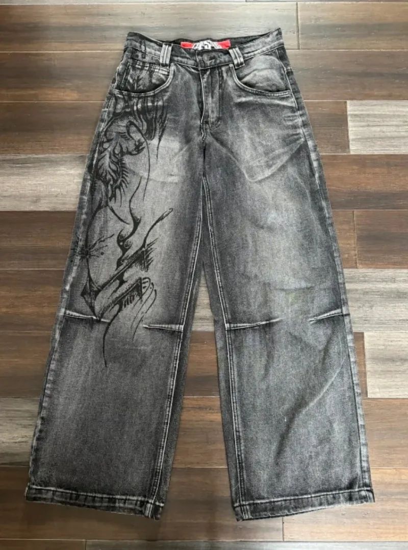 Y2K American New Trend Hip-hop Gothic Embroidered Jeans Men's Street Harajuku Leisure Loose Straight Wide-leg Pants Unisex Jeans