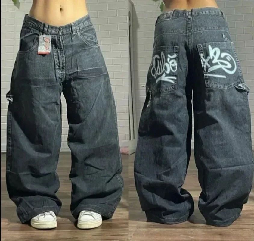 Y2K American New Trend Hip-hop Gothic Embroidered Jeans Men's Street Harajuku Leisure Loose Straight Wide-leg Pants Unisex Jeans