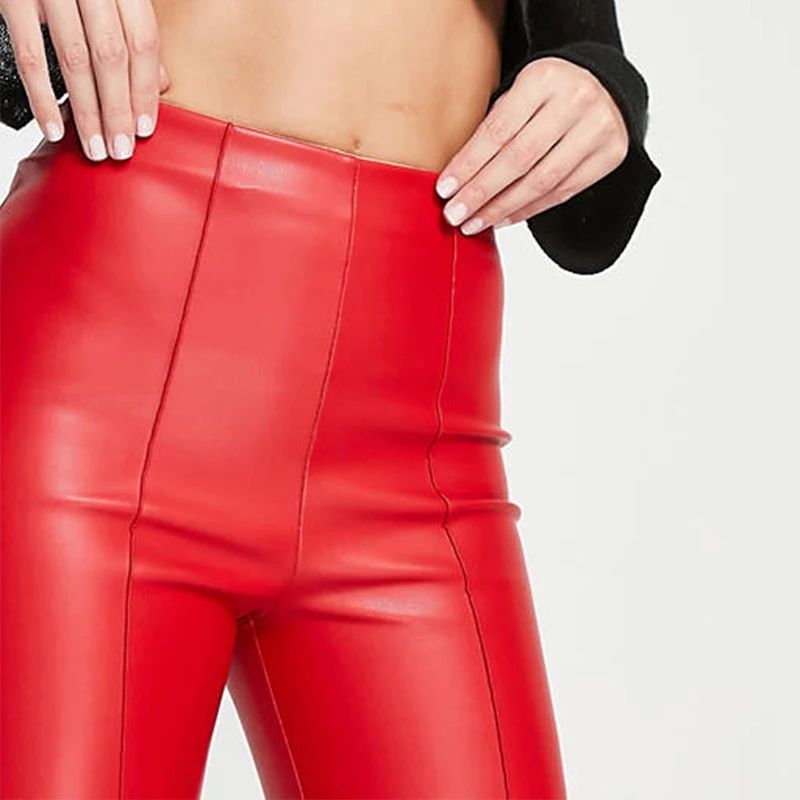 Casual England Style PU Faux Leather Leggings Women Elastic Mid Waist Leather Pencil Pants PU Trousers Fashion Slim Custom