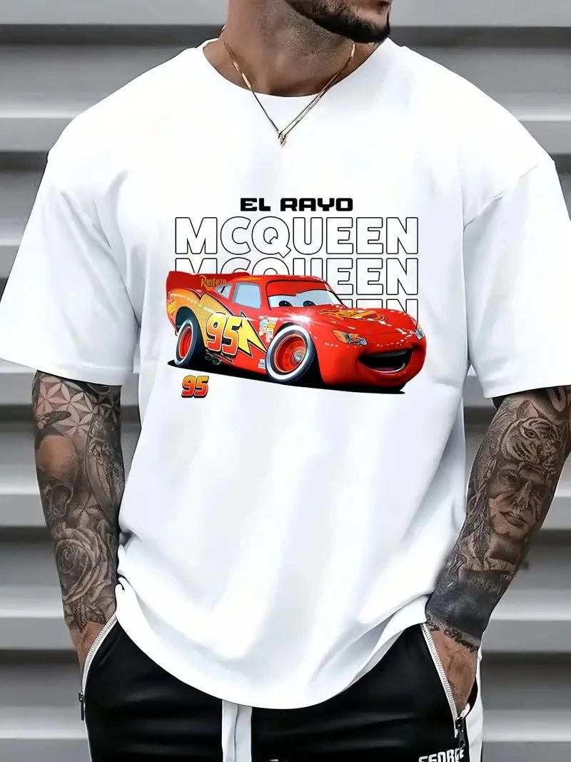 Disney Car Lightning McQueen Series Men's T-shirt, Pure Cotton Short-sleeved, Fashionable and Trendy Street Men's Clothing