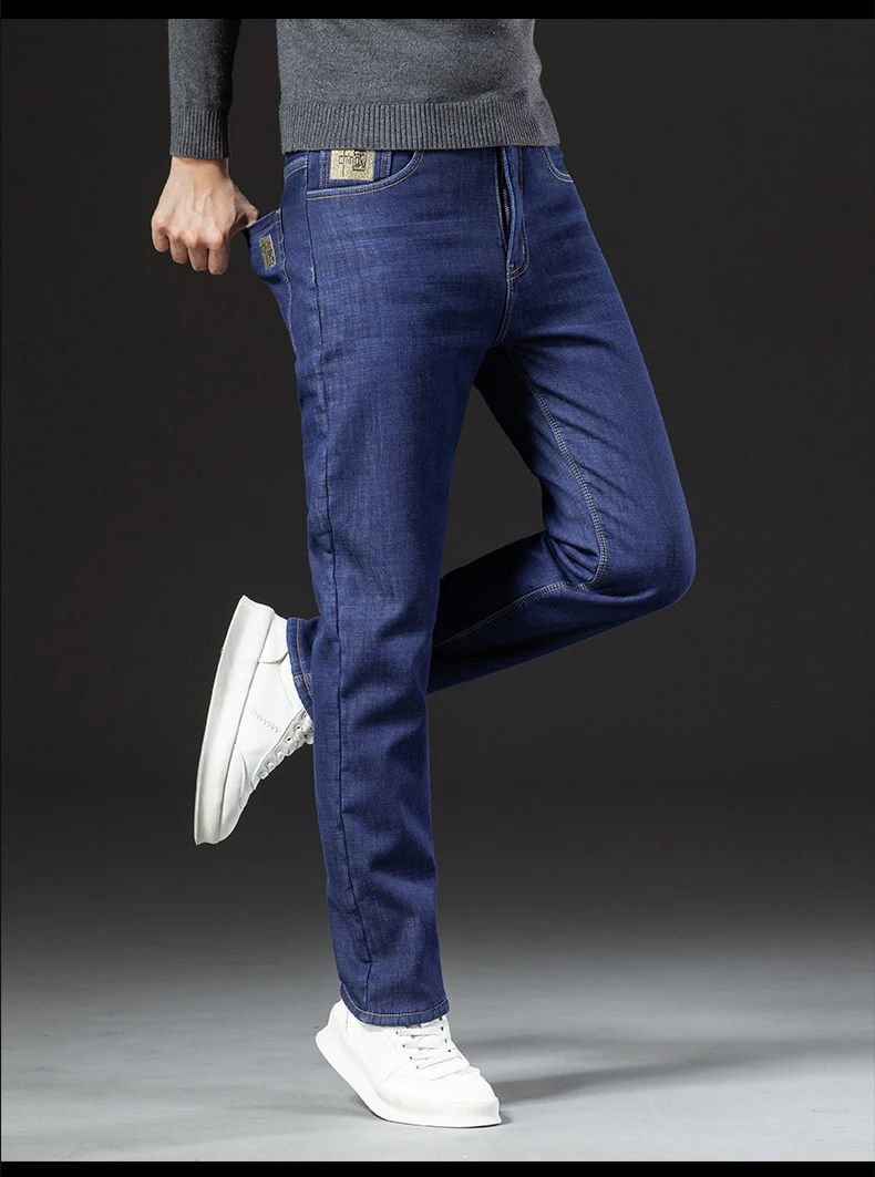 2025 New Classic Men's Business Casual Velvet Jeans Winter Chinese Embroidery Straight Loose Warm Thick Pants