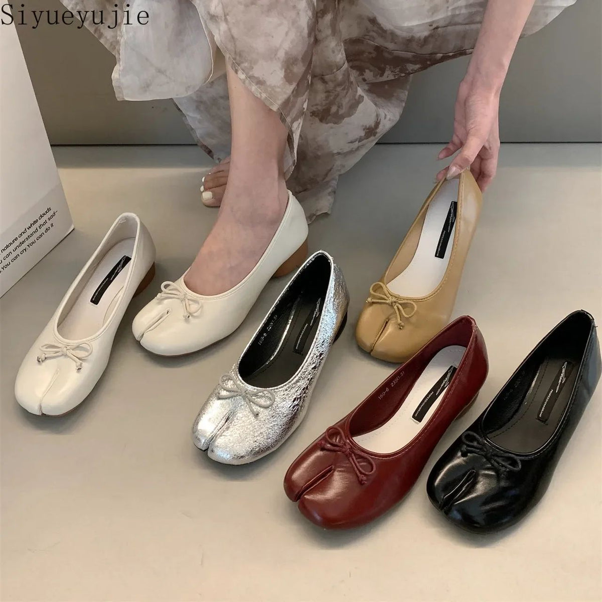 Tabi Shoes Ballet Falts Leather Ballerina Shoes For Women Split Toe Flats Tabi Shoes Slip On Soft Bottom Moccasins with Bowknot