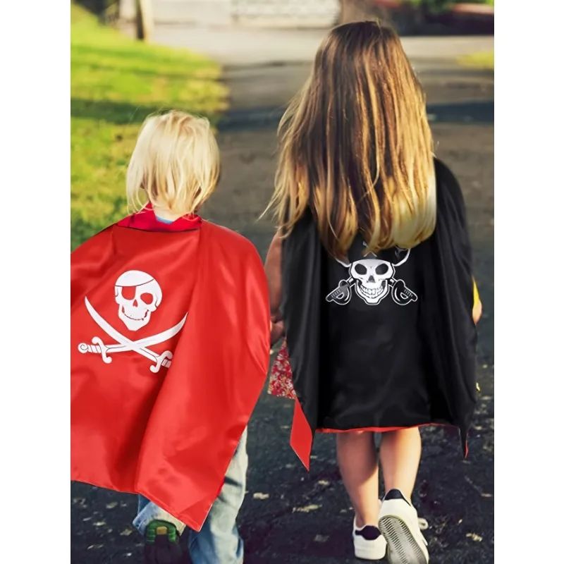 3-12Y Pirate Skull Cape Toddler Play House Dress Up Cape Printed Pattern Holiday Performance Fashion Suit Halloween Party Gift