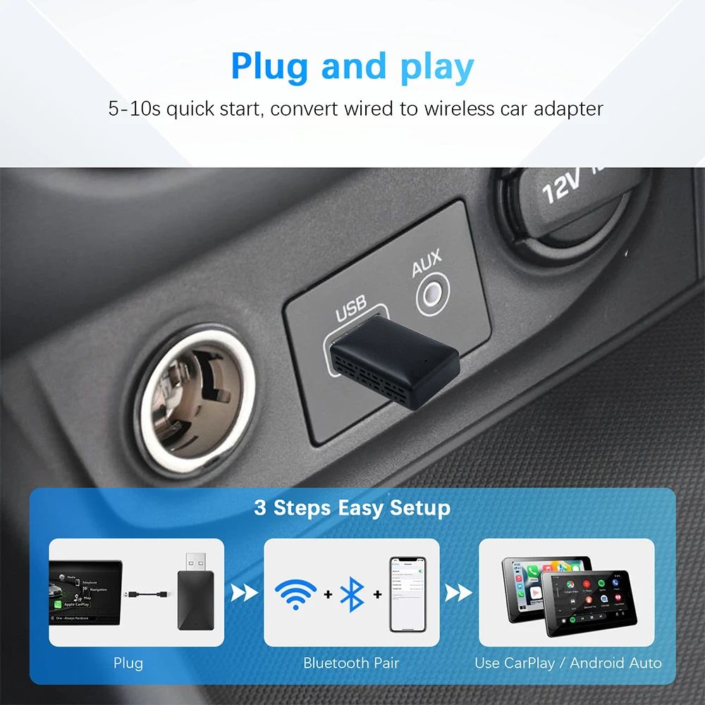 Carplay Android Auto Wireless Adapter for Toyota Mazda Nissan Camry Suzuki Subaru Citroen Audi Mercedes Kia Ford Opel Spotify BT
