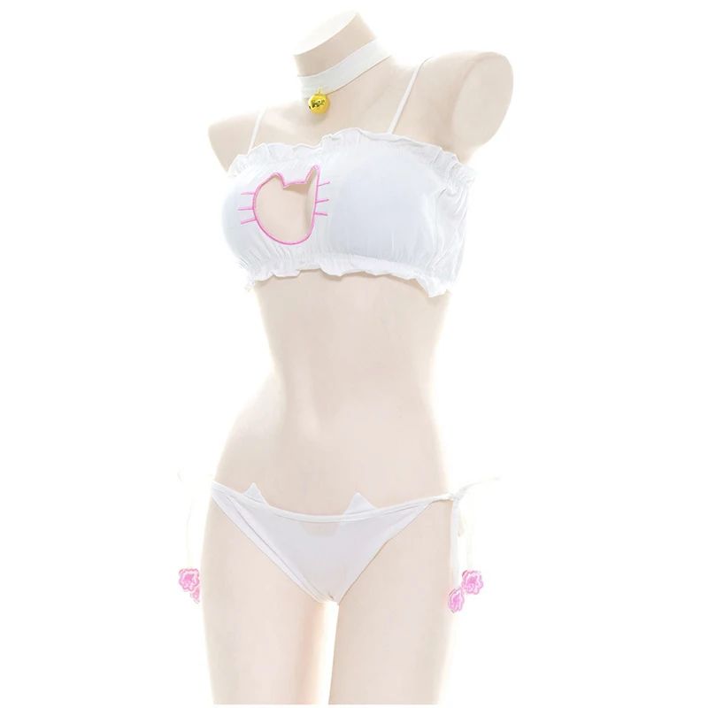 Anime Cute Cat Paw Bikini Swimsuit Costume Summer Beach Mini Lovely Cats Bell Swimwear Uniform Cosplay Cats Hollow Bra