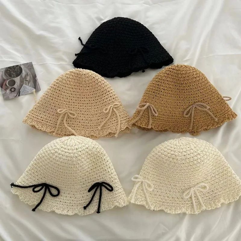 Korean Ins Bow Spring and Summer Fashion Sweet Bucket Hat Outdoor Sunshade Knitted Solid Color Straw Breathable Women Sun Hats