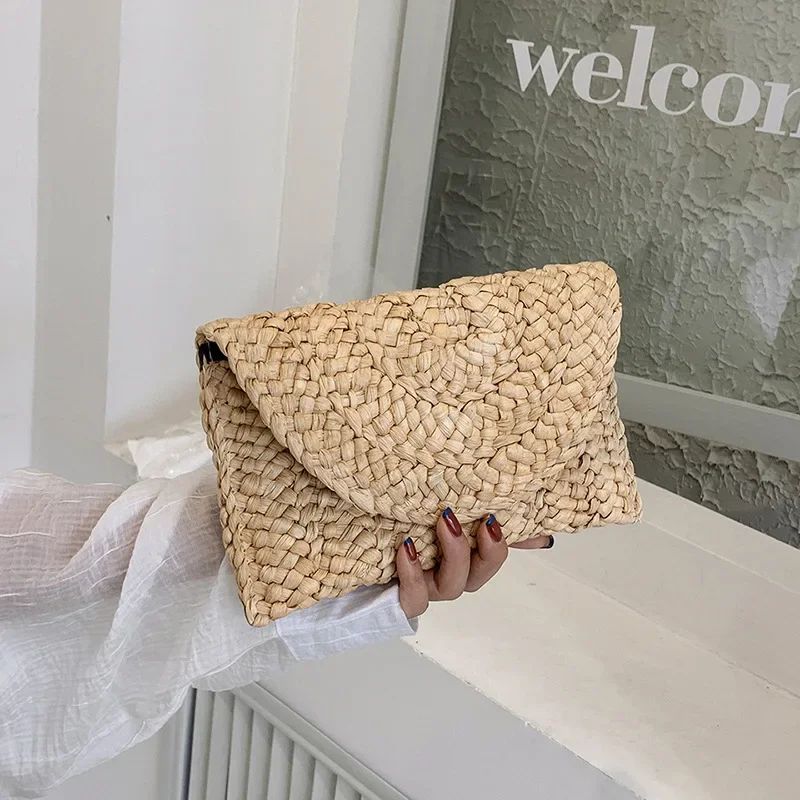 Fashionable Corn Husk Straw Bags Hand-woven Women Clutch Envelope Handbag Long Purse for Female Summer Beach Bag Bolsa 2024