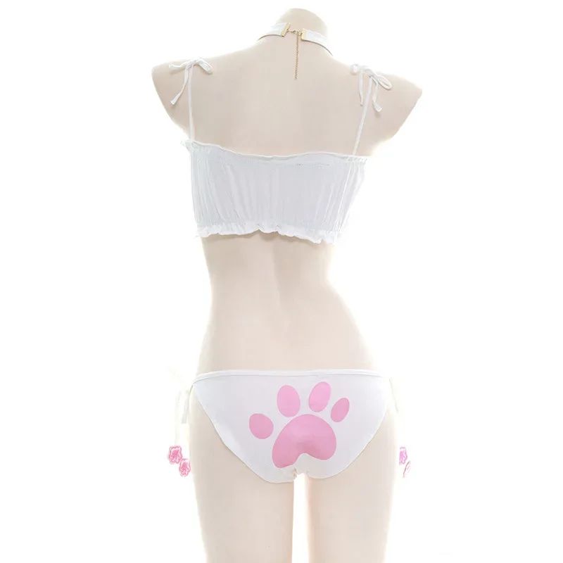 Anime Cute Cat Paw Bikini Swimsuit Costume Summer Beach Mini Lovely Cats Bell Swimwear Uniform Cosplay Cats Hollow Bra