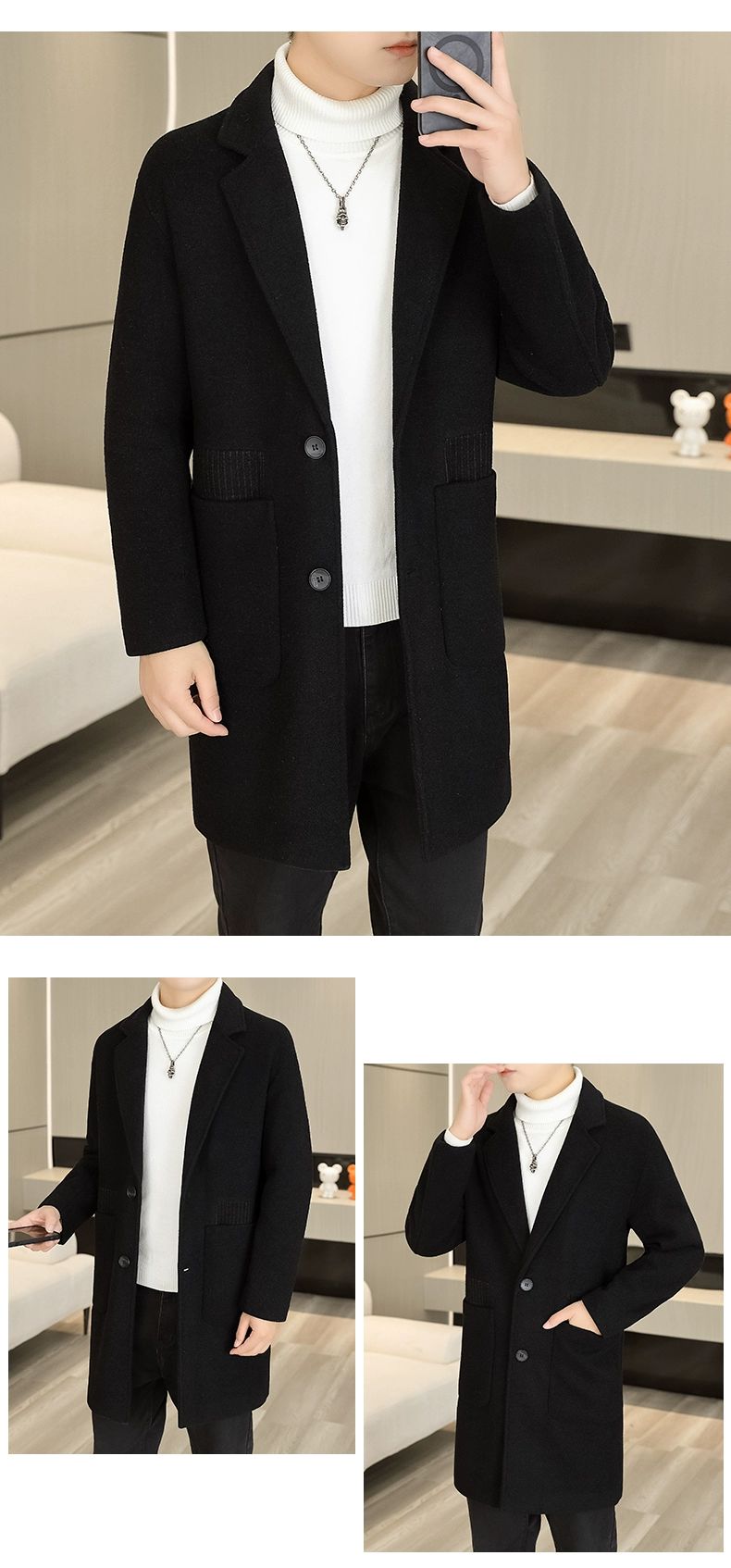 Men's Long Over-the-Knee Trench Coat Youth Black Business Casual Suit Collar Overcoat Mid-Length Trench Coat