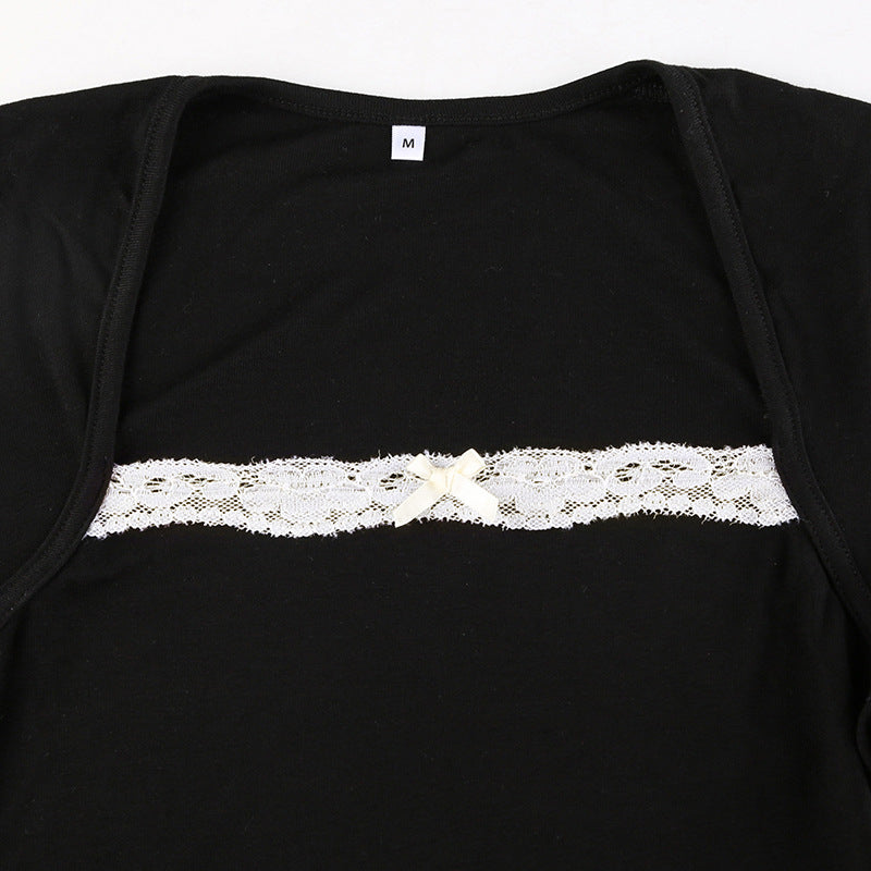 Women Spring Autumn Tops Lace Trim Square Neck Long Sleeve Slim Fit Blouse Gothic Grunge Shirts Y2K Aesthetic Kawaii Clothes