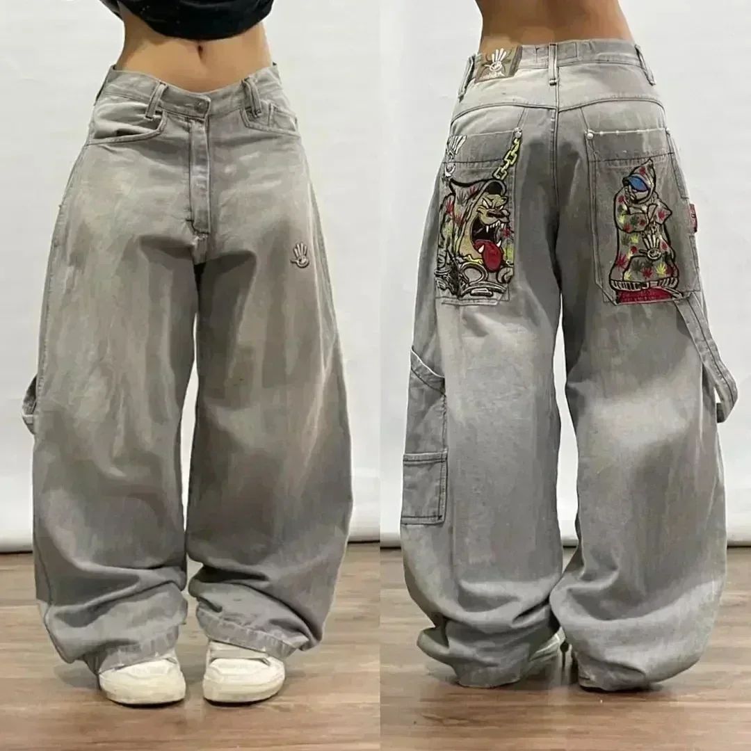 Y2K American New Trend Hip-hop Gothic Embroidered Jeans Men's Street Harajuku Leisure Loose Straight Wide-leg Pants Unisex Jeans