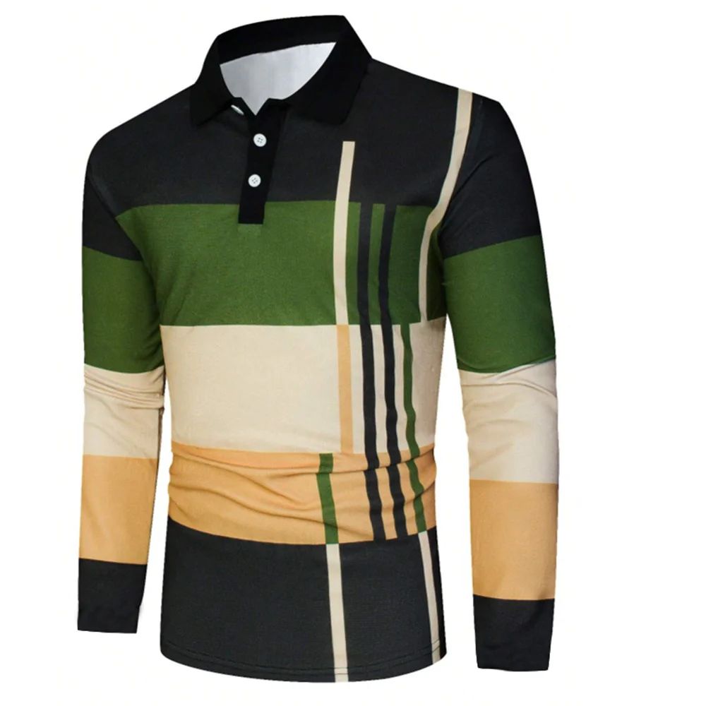 2025 autumn men's polo shirt long sleeved stand up collar patchwork printed top fashionable street casual T-shirt men's shirt