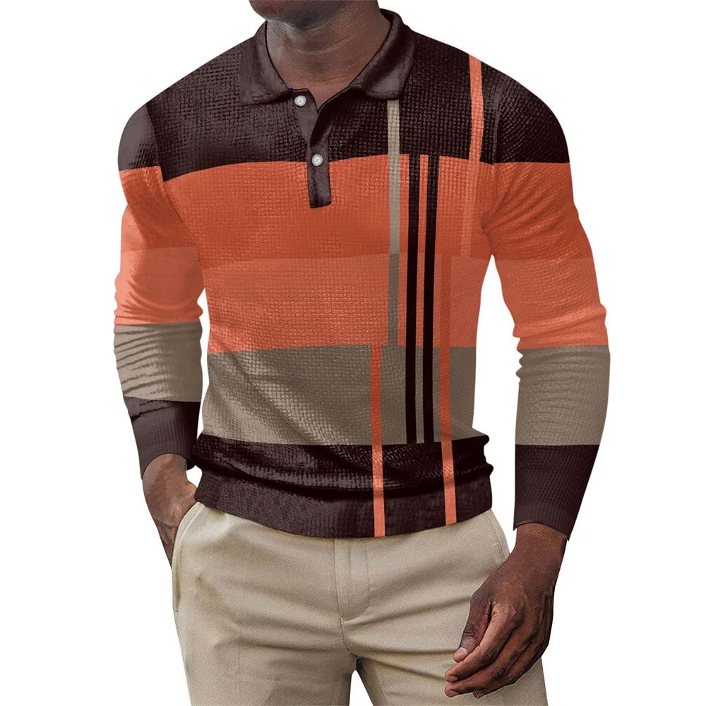 2025 autumn men's polo shirt long sleeved stand up collar patchwork printed top fashionable street casual T-shirt men's shirt