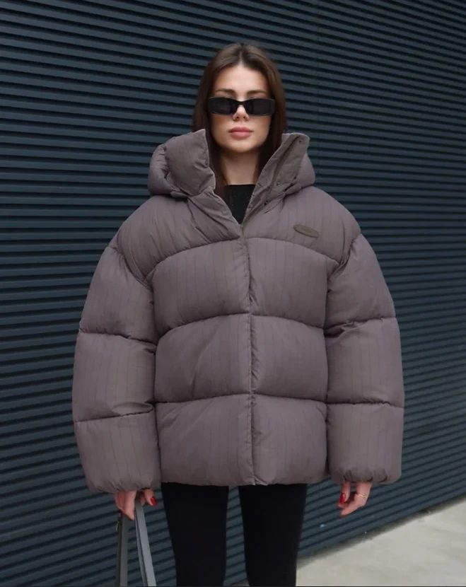 Women's Pinstripe Oversized Puffer Jacket Full Sleeve Detachable Hood Zipper Warm Coat 2025 Autumn Winter Female Casual Wear