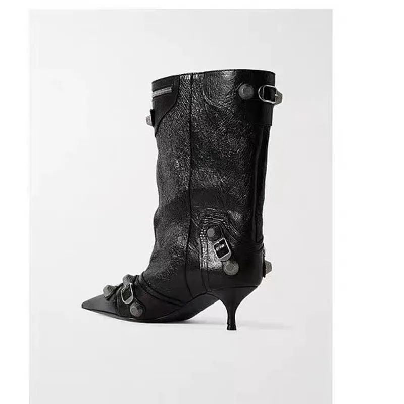 Women's Sexy Stiletto High Heels with Rivet Decoration, Wide Barrel Knee Length Boots, European and American Fashion Show Boots