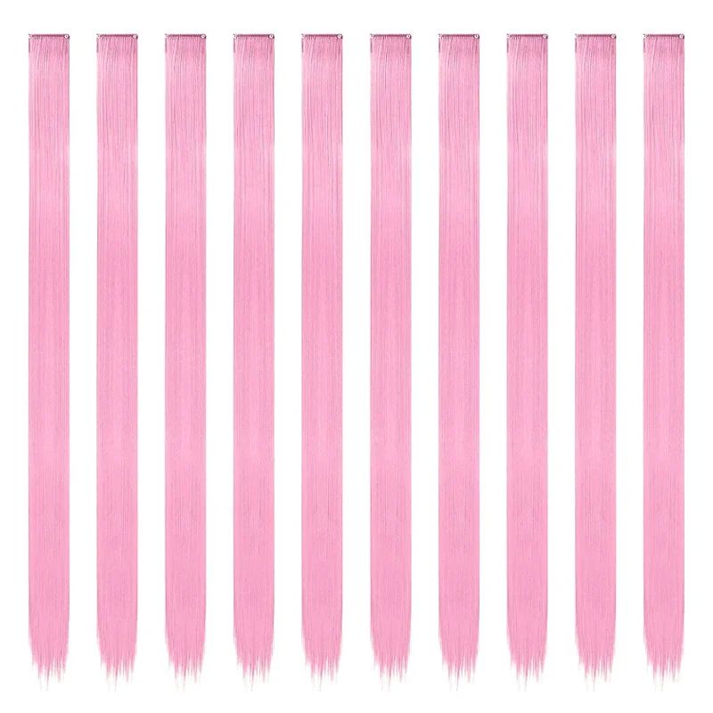 10 Pcs Synthetic Pink hair extensions 22 Inch Straight colored hair colorful clip Highlight Party for Kids and Women Gift