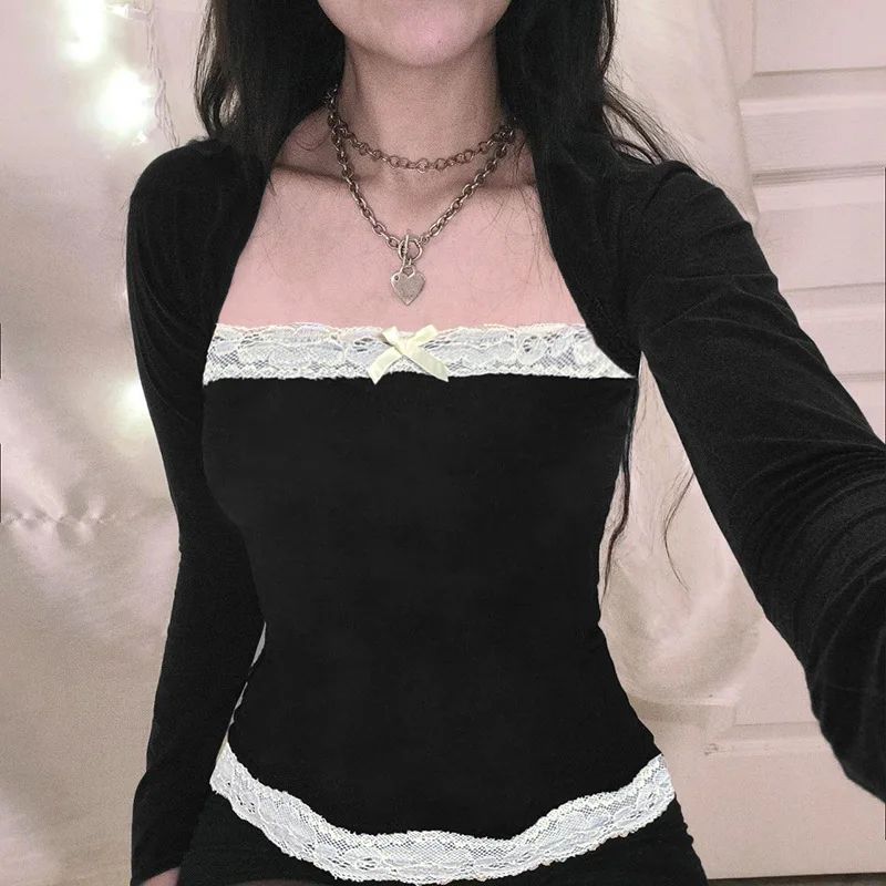 Women Spring Autumn Tops Lace Trim Square Neck Long Sleeve Slim Fit Blouse Gothic Grunge Shirts Y2K Aesthetic Kawaii Clothes