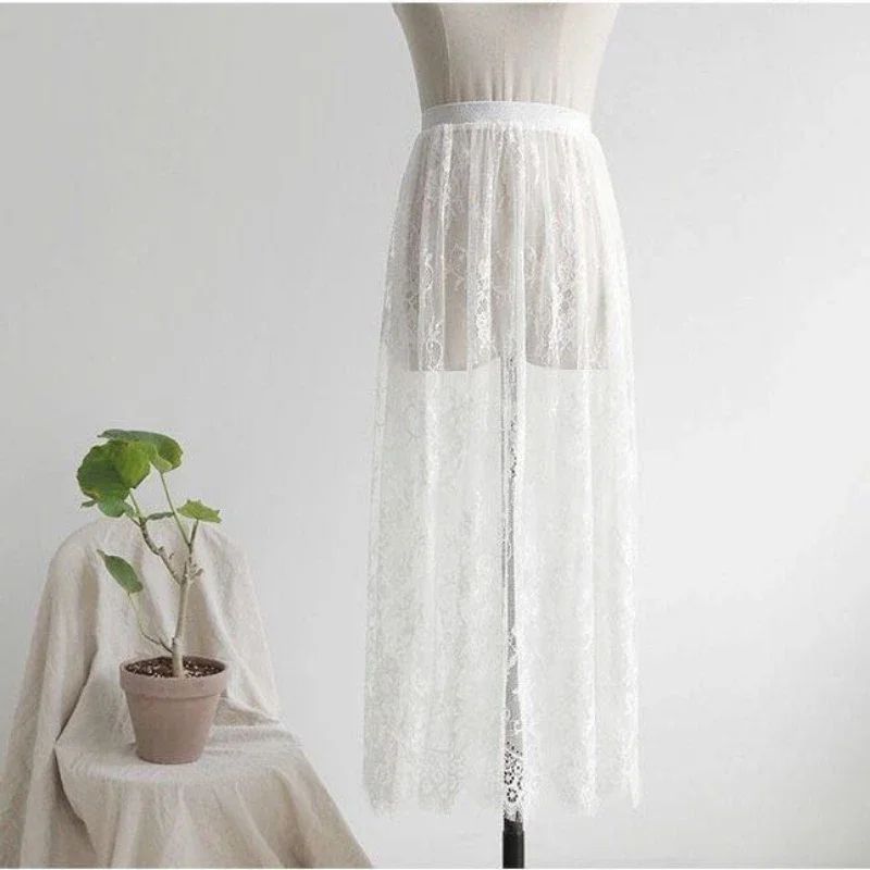 Transparent Sexy Lace Mesh Skirt Elastic High Waist Black White Tulle Mini Skirts Womens Skirt Korean Fashion