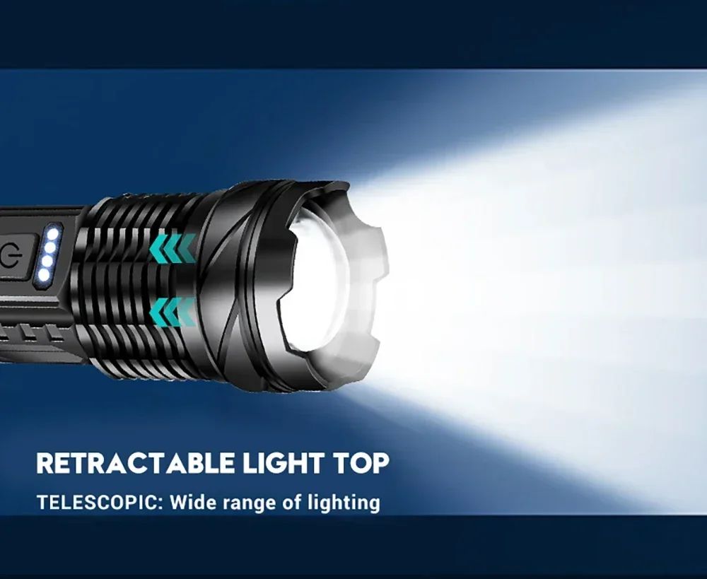Powerful XHP50 LED Flashlight Waterproof Torch With Side Light 7 Modes Camping Fishing Lantern Type C Rechargeable Zoom Lamp