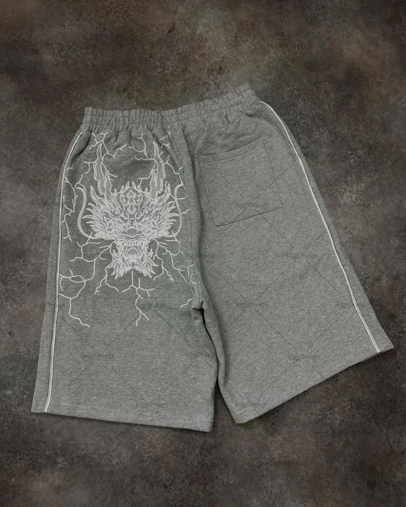 American Hip-hop Dragon Head Striped Casual Loose Shorts Men 2025 High Street Retro Punk Fashion Oversized Straight Pants Women