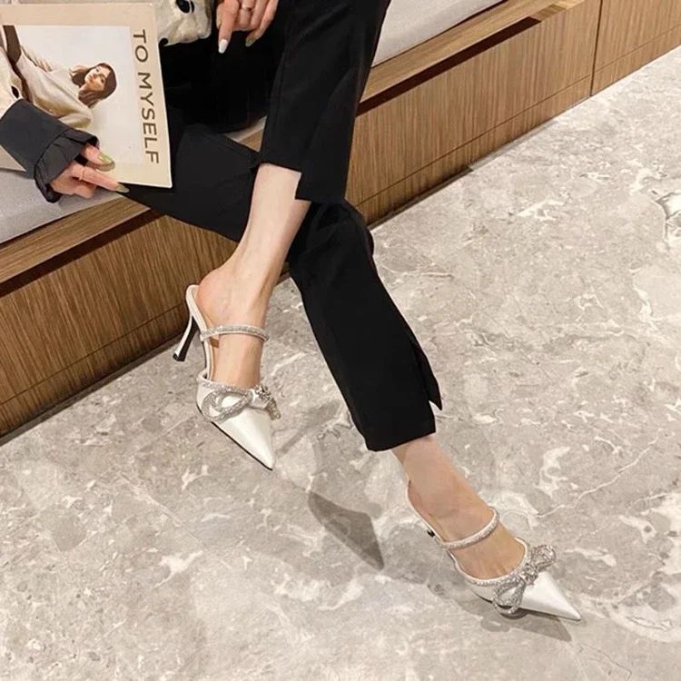 Imitation Sandals and Butterfly Knot for Women, High Heels, Narrow Slippers, Party Bombs, Luxury Wedding Shoes, Summer Fashion