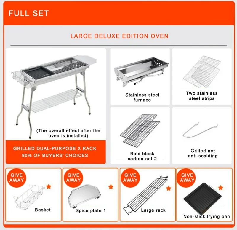 Stainless Steel Charcoal Grill Barbecue Tool Portable Free Installation Handle Folding BBQ Cooking Grid For Park