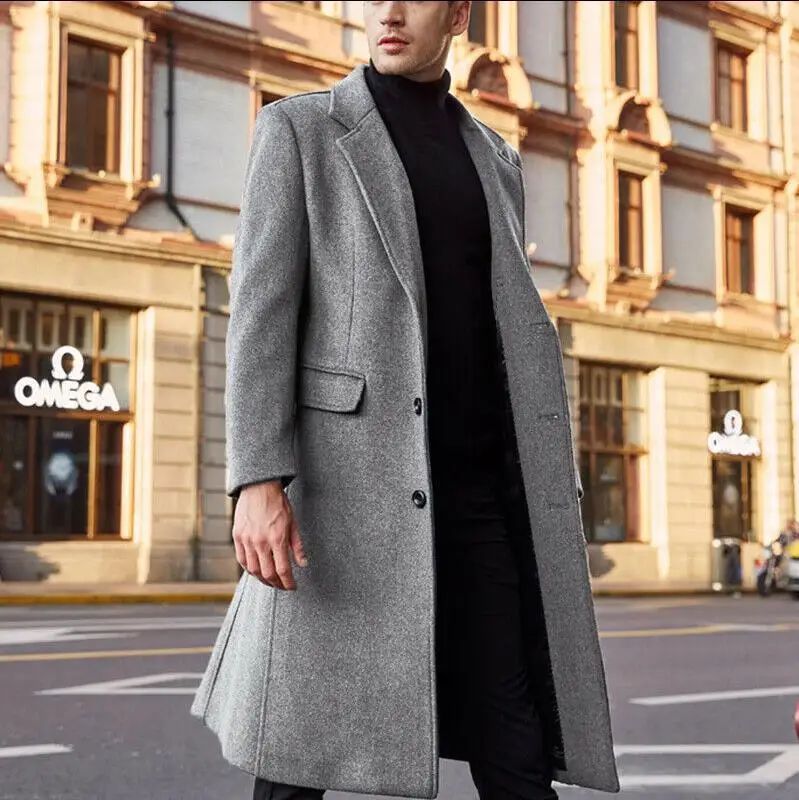 Autumn and Winter Casual Men's Clothing, British Style Woolen Overcoat, New Korean Style Solid Color Long Windbreaker S-XXXL
