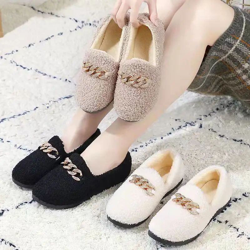 Womens Winter Slippers Warm Short Plush House Shoes Laides Slip on Moccassins Fashion Lady Flats Loafers Non Slip