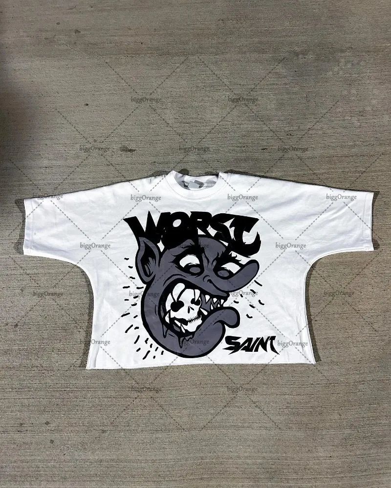 American Hip-hop Anime Print Oversized T-shirt Men Retro Trendy Streetwear Top Pure Cotton Round Neck Casual Loose Short Sleeves