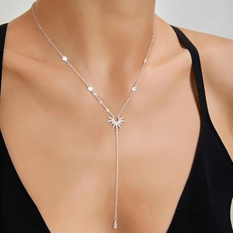 Stainless Steel Y-Shaped Pendant Necklace for Women Girls Elegant Fashion Cubic Zirconia Long Tassel Dangle Choker Jewelry Gifts