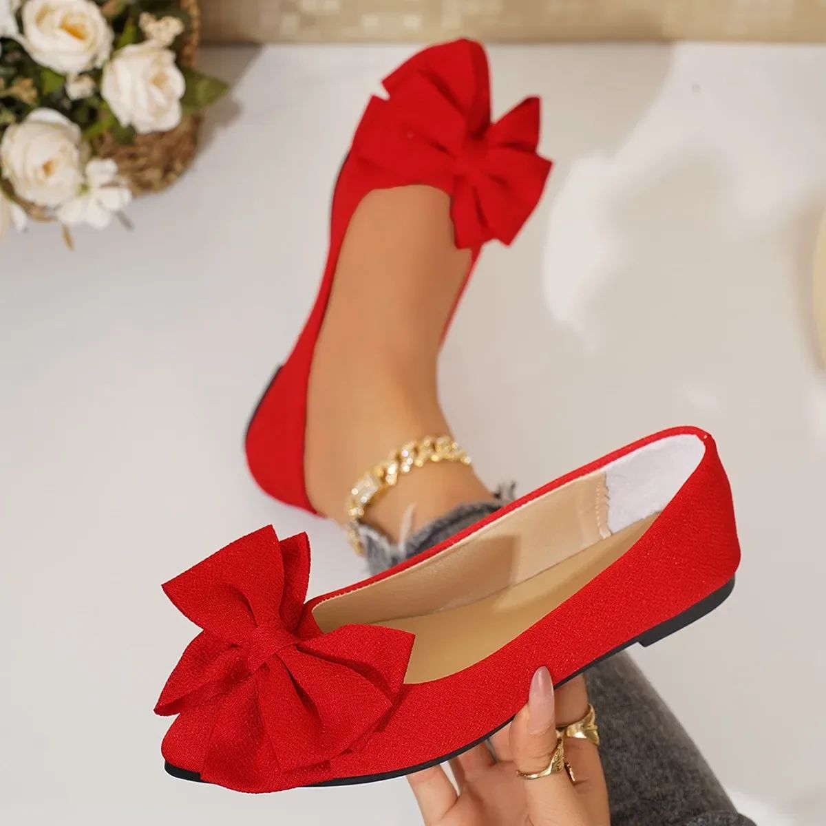 Women's Casual Flat Bottom Slip-On Shoes Spring Summer Pointed Comfortable Walking Footwear Women Bowtie Red Flats Size 43