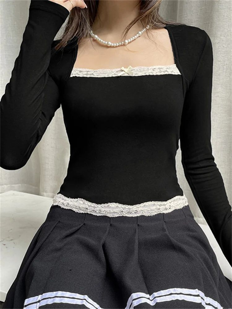 Women Spring Autumn Tops Lace Trim Square Neck Long Sleeve Slim Fit Blouse Gothic Grunge Shirts Y2K Aesthetic Kawaii Clothes