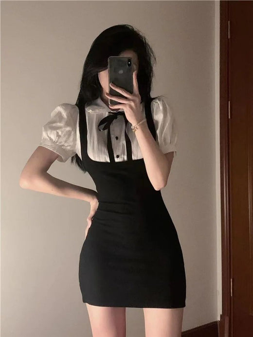 Summer Slimming Black White Splice Mini Dress Trendy Girl Outerwear Base College Style Patchwork Elegant Dress Princess Sleeve P