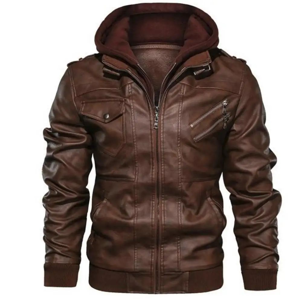 Men Faux Leather Cardigan Leathers Jackets Zipper Coat Long Sleeve Solid Autumn Moto Bike Casual Autumn 2025 Hooded Spliced