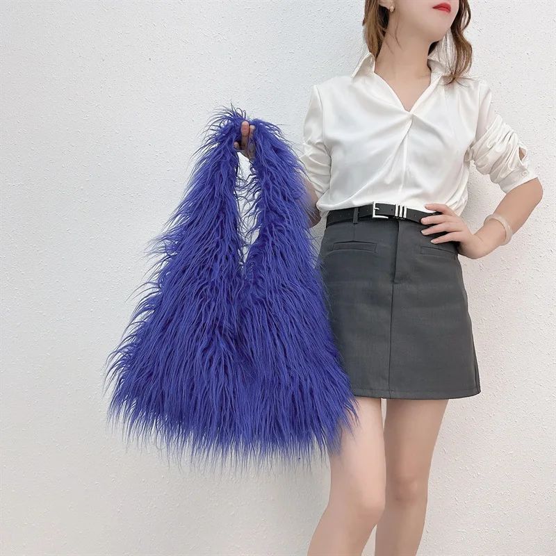 2025 NEW Wool Women's Plush Shoulder Bags Y2k Hot Girls Faux Fur Drawstring Bucket Bag Fashion Female Furry Purse Tote Handbags
