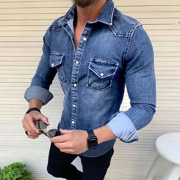 Vintage Solid Color Men Washed Denim Shirt 2024 Autumn Causal Full Sleeve Turn Down Collar Single Breasted Multi Pockets Coat