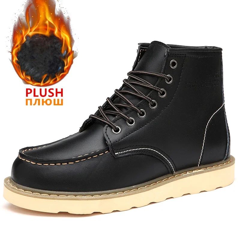 Winter Warm Men Boots Leather Mens Snow Boots with Fur Handmade Waterproof Male Ankle Boots No-slip High Top Male Work Shoes